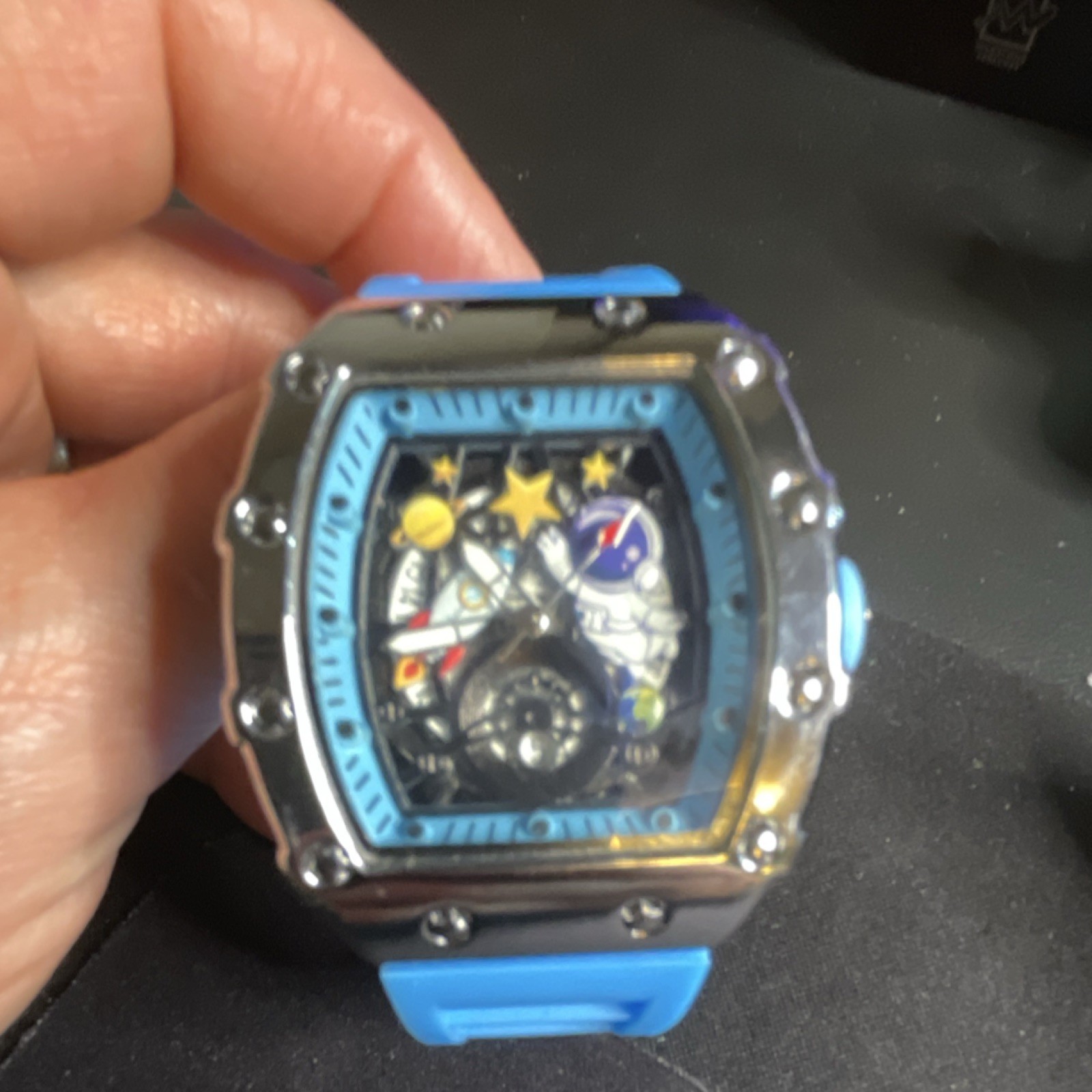 Astronaut Celestial Theme Wristwatch Blue Strap Multicolor Dial Analog Display