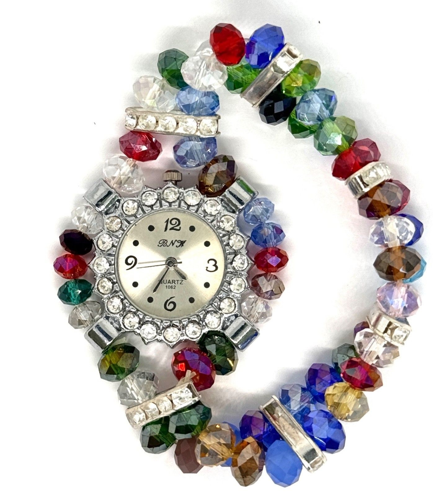 Silver & Assorted Crystal Ladies Watch Silver Face Bracelet #1174