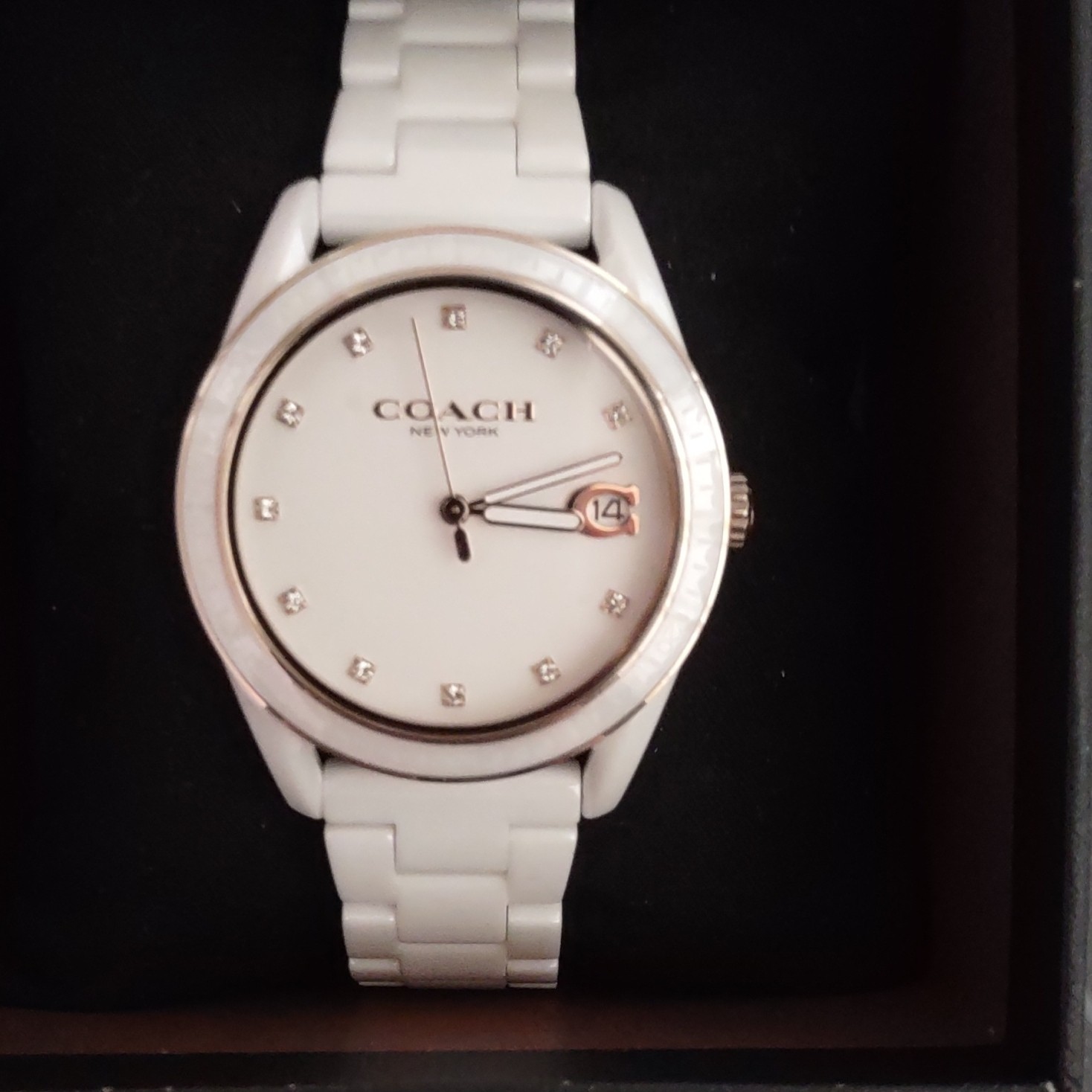 Coach New York Quartz White Dial Ceramic Bracelet Diamond Markers Date w/Box
