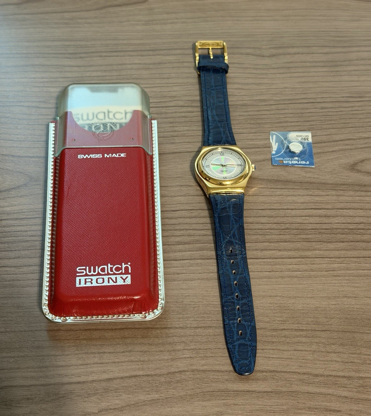 Vintage Swatch Irony VGS122 Gold Tone Blue Leather Watch w/ Box & Manual Works