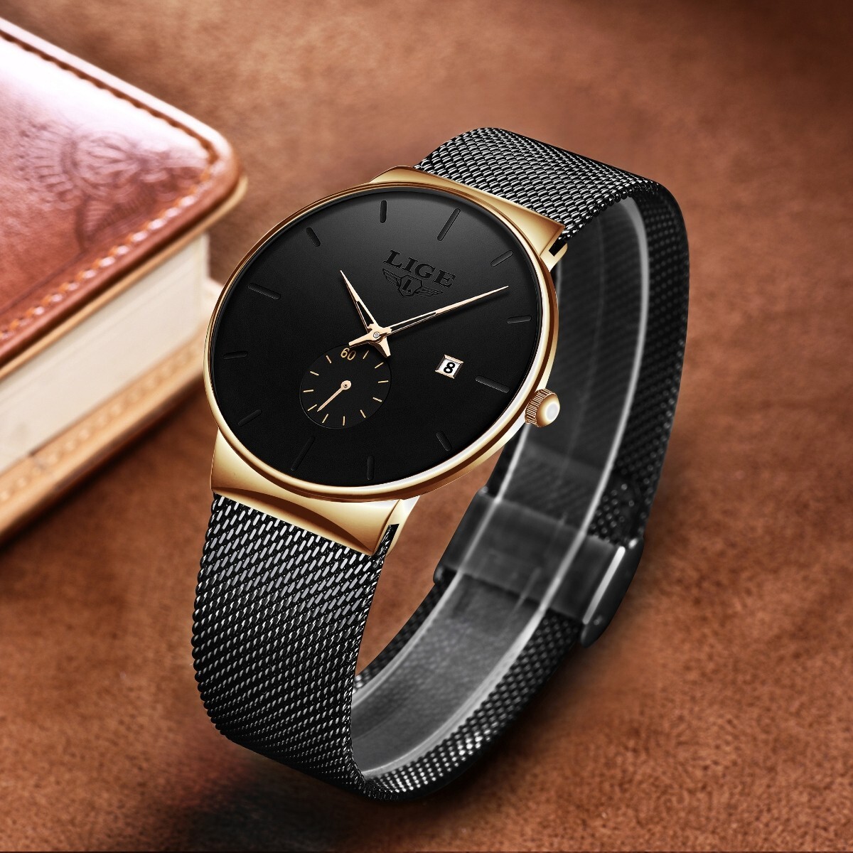 Men’s Watch Mesh Strap Quartz Analog Date Calendar Dial Waterproof Wrist Watches