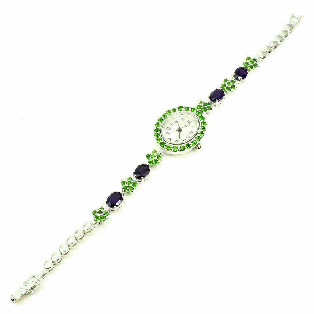 Silver Watch Chrome Diopside Amethyst Natural Gem Solid Sterling 7.75 Inch