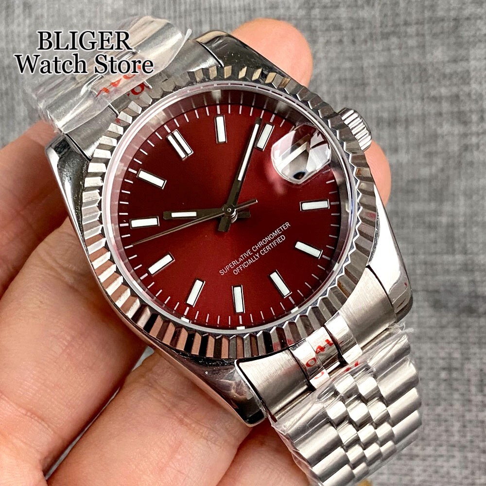 New 36MM Japan NH35A Dark Red Dial Automatic Mens Watch Steel Jubilee Bracelet