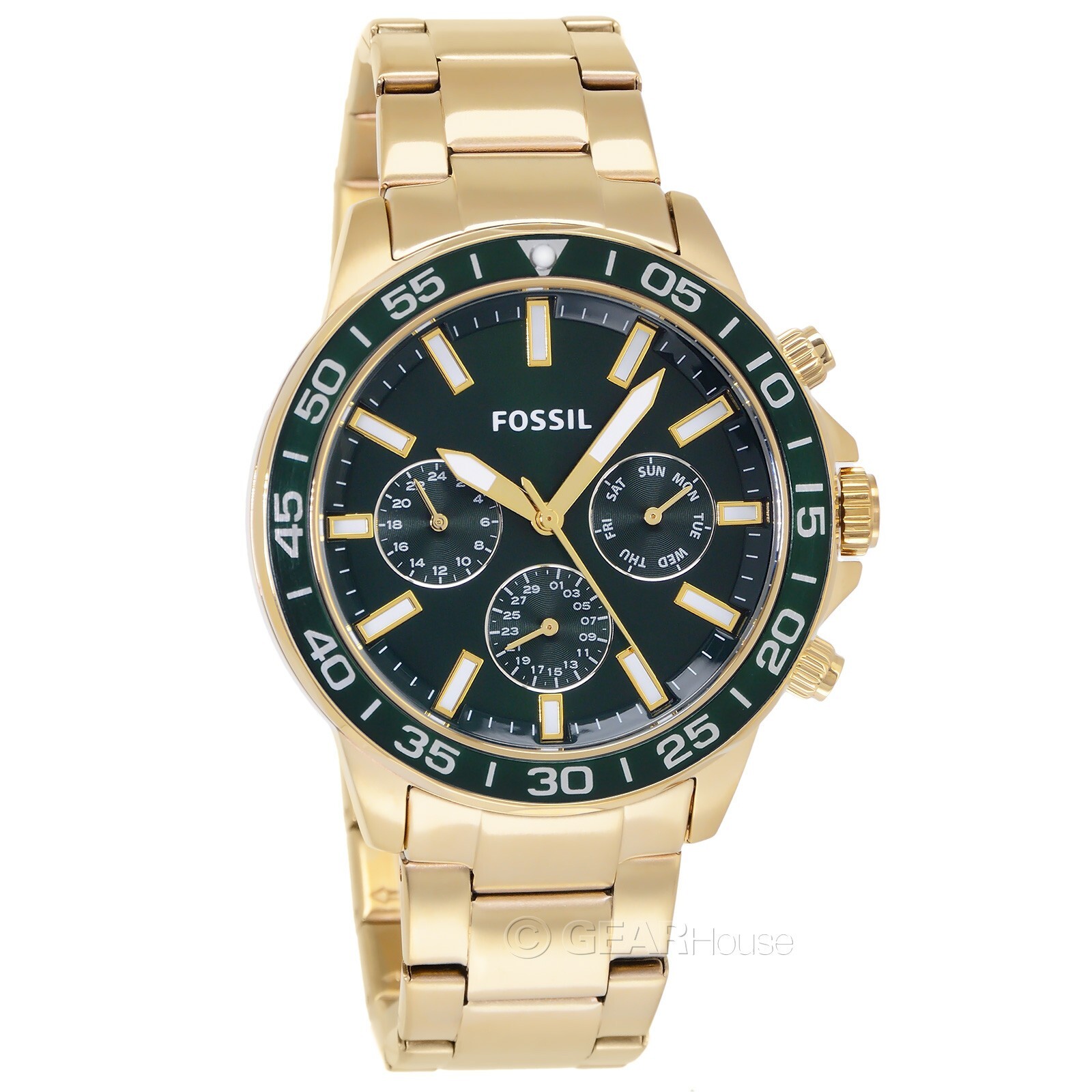 FOSSIL Bannon Mens Multifunction Watch Dark Green Dial Gold Stainless Steel Band