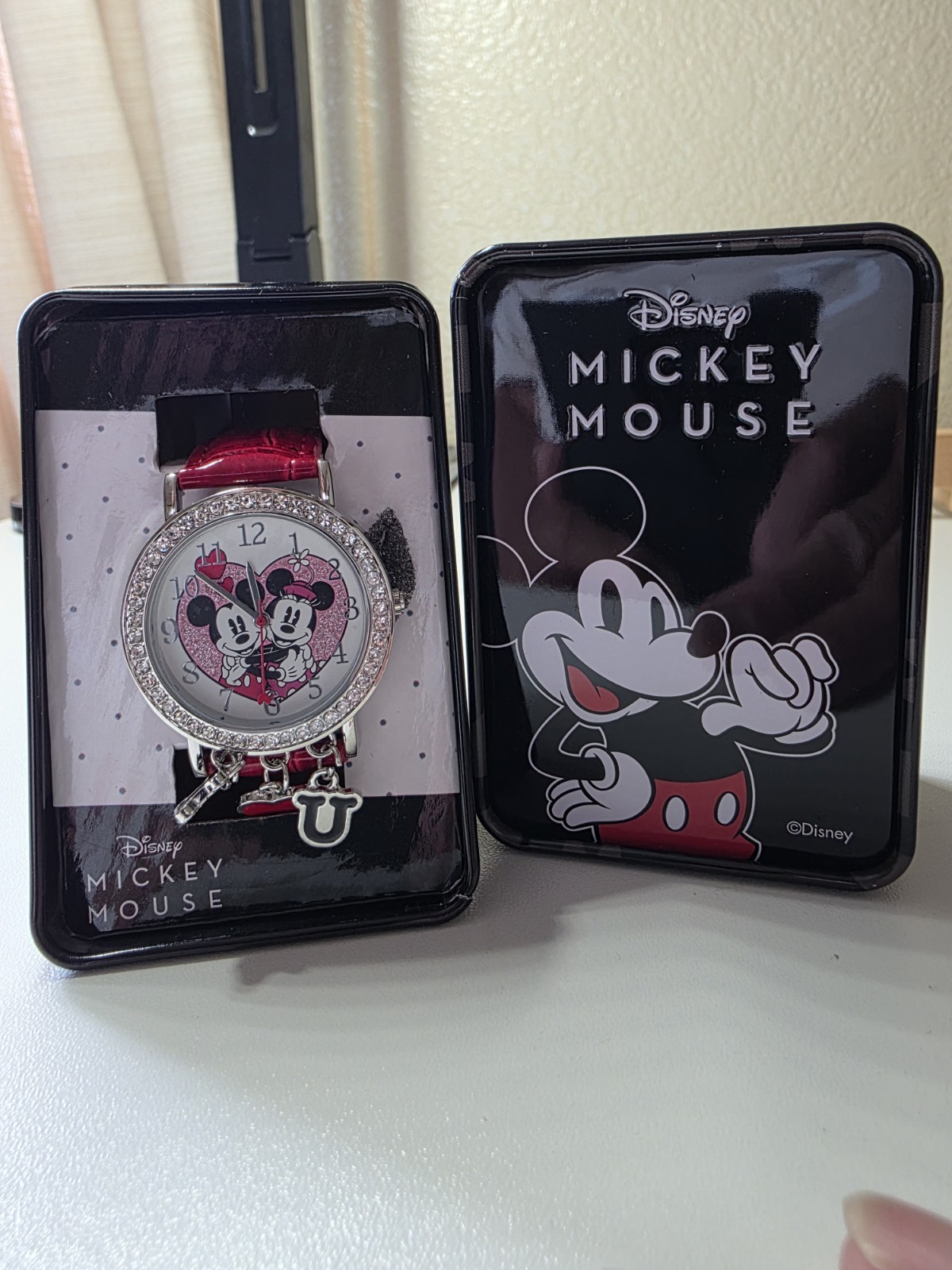 Disney Minnie & Mickey Mouse Women’s Quartz Watch Red Leather Strap with charms.