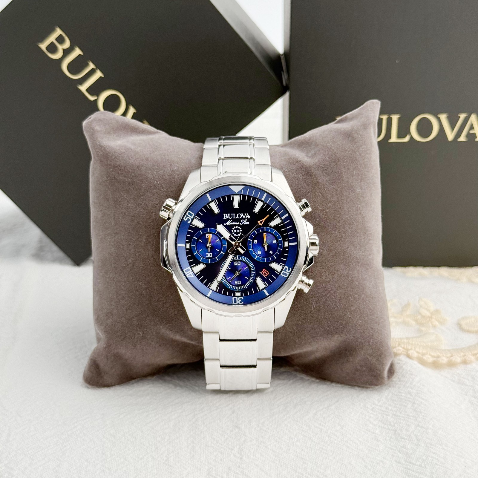 Buluva 96B256 Men’s Marine Star Chronograph Blue Dial Stainless Steel Watch 43MM