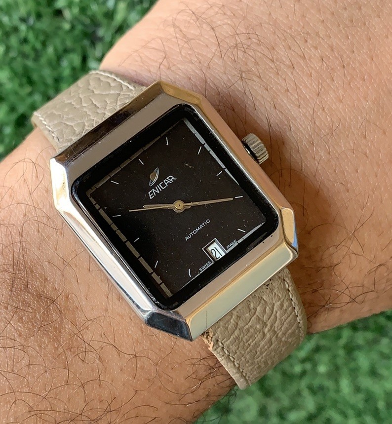 Vintage Enicar Automatic Watch 30x36mm Rectangular Black 21J Classic Dress Watch
