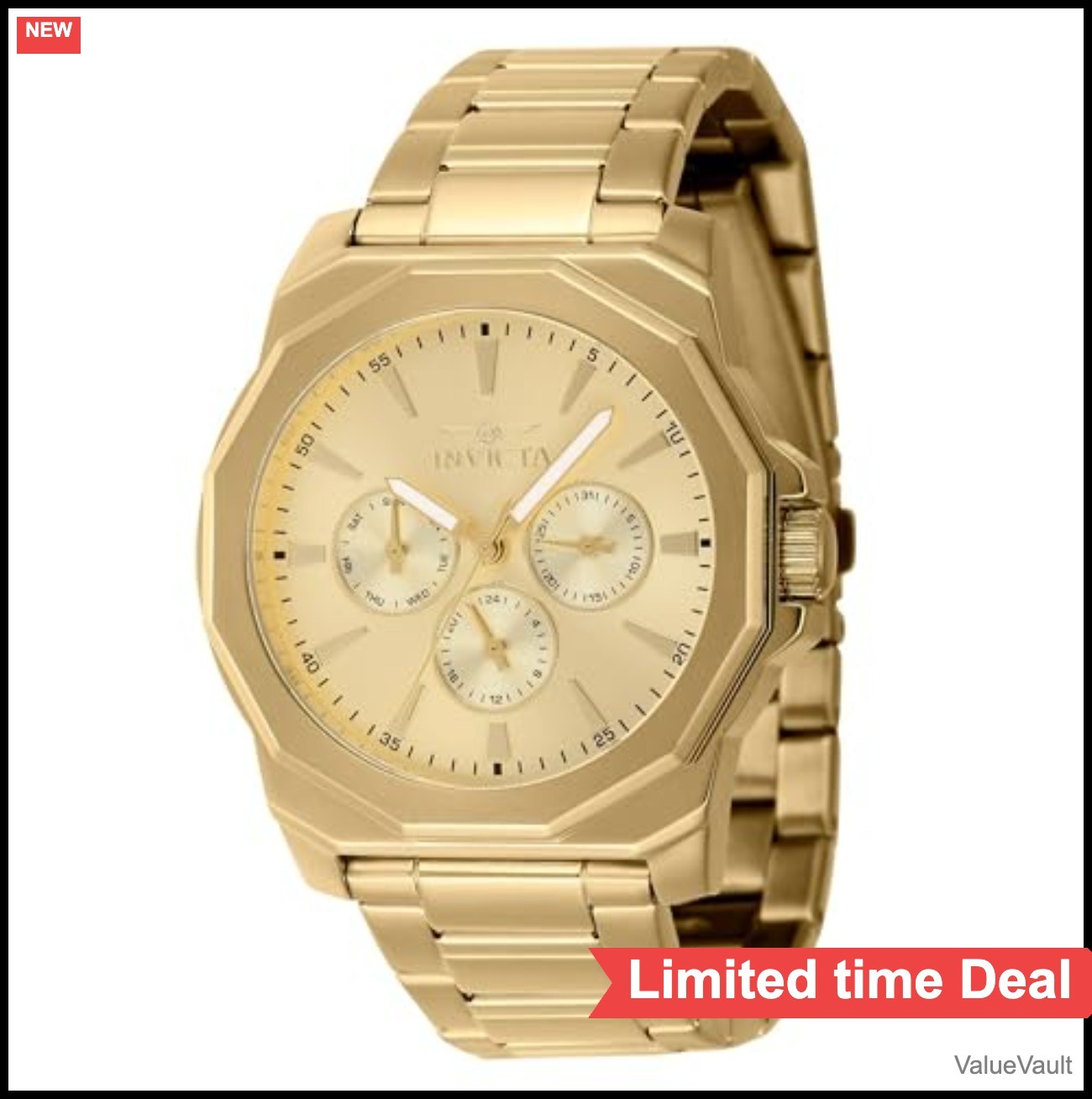 Men’s Quartz Watch 42mm Gold Stainless Steel Band 22mm Fold Over Clasp Push