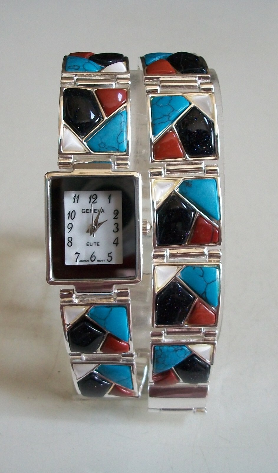 Women’s multicolor stones silver finish fashion casual watch and bracelet set
