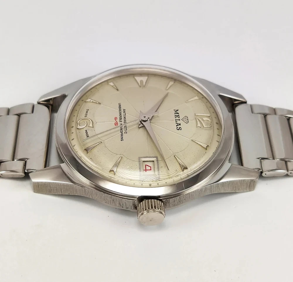 Working Melas Pearl Dial Date Function Handwinding Transparent Back Wrist Watch