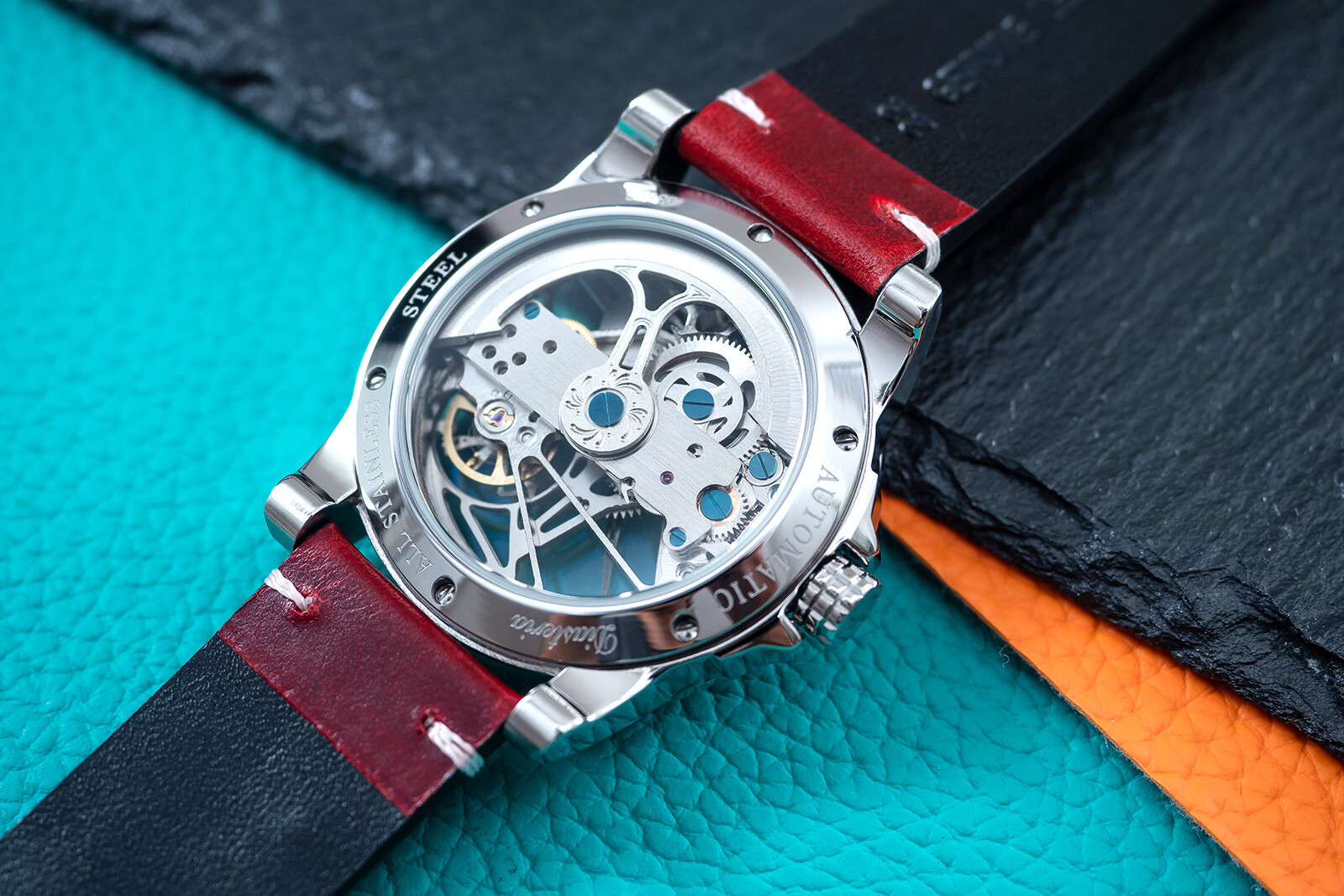 Mens Silver Automatic Mechanical Watch Dark Red Oil Waxed Leather Strap Gift