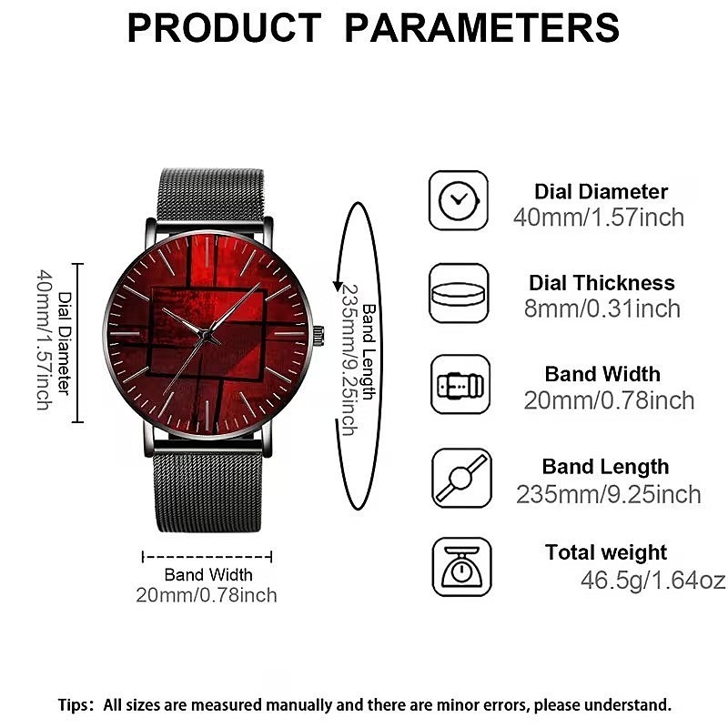 Men’s Red Geometric Dial Quartz Watch Black Mesh Band Minimalist No Battery