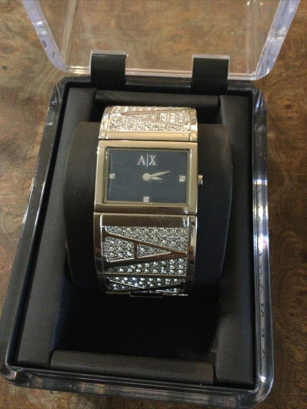 A|E Armani Exchange Women’s Silver Tone Crystal Bracelet Watch Black Dial ***