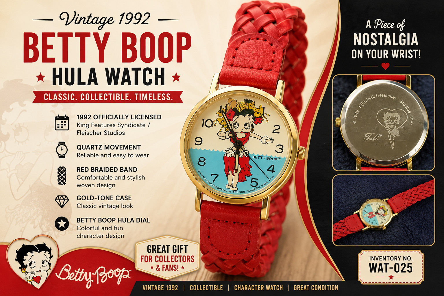 Vintage 1992 Betty Boop Hula Watch – Red Braided Band – Working Quartz Watch