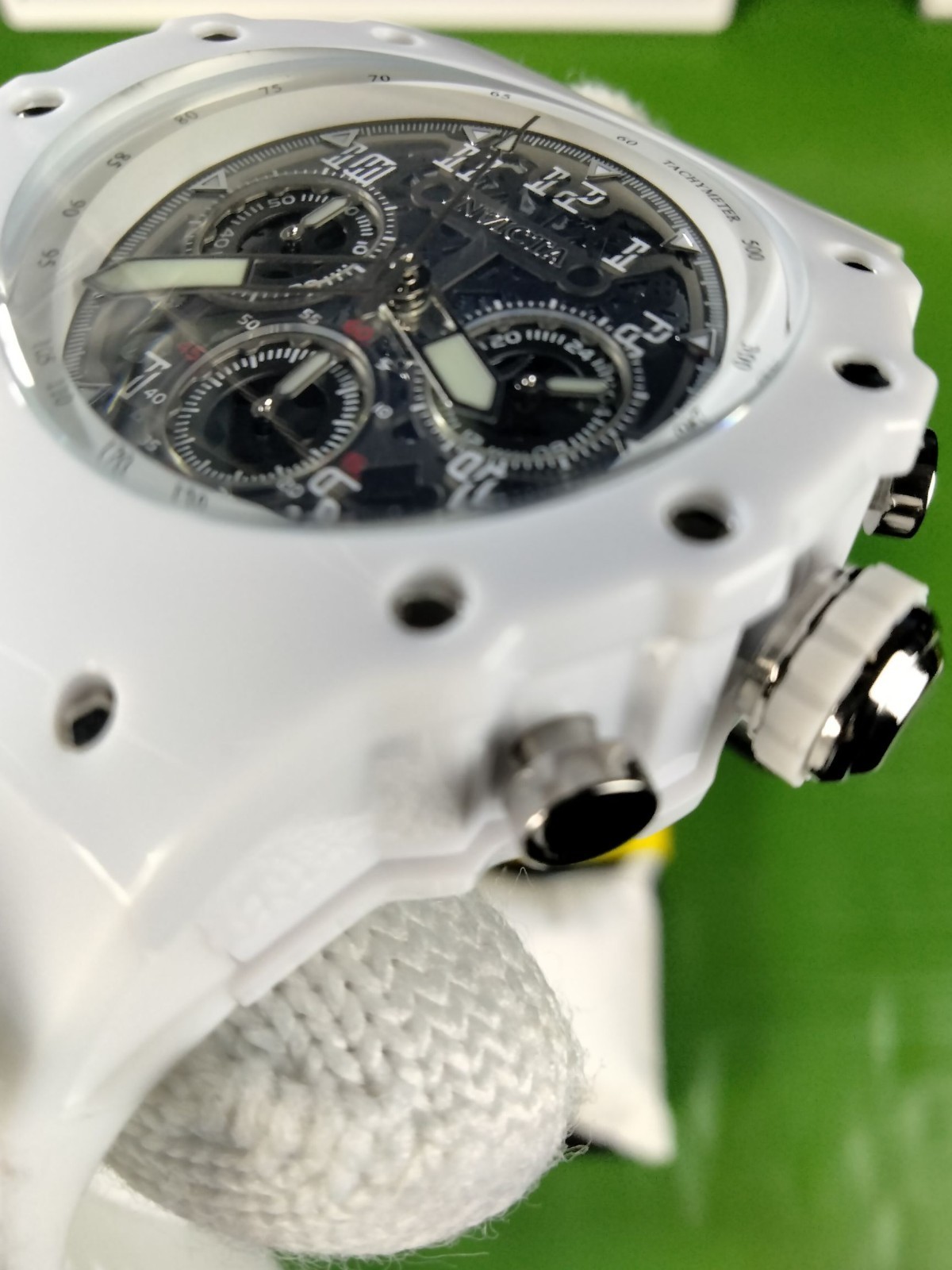 Invicta Racing 69668 Men White Skeleton Silver Dial Silicone Quartz Watch 43.5mm