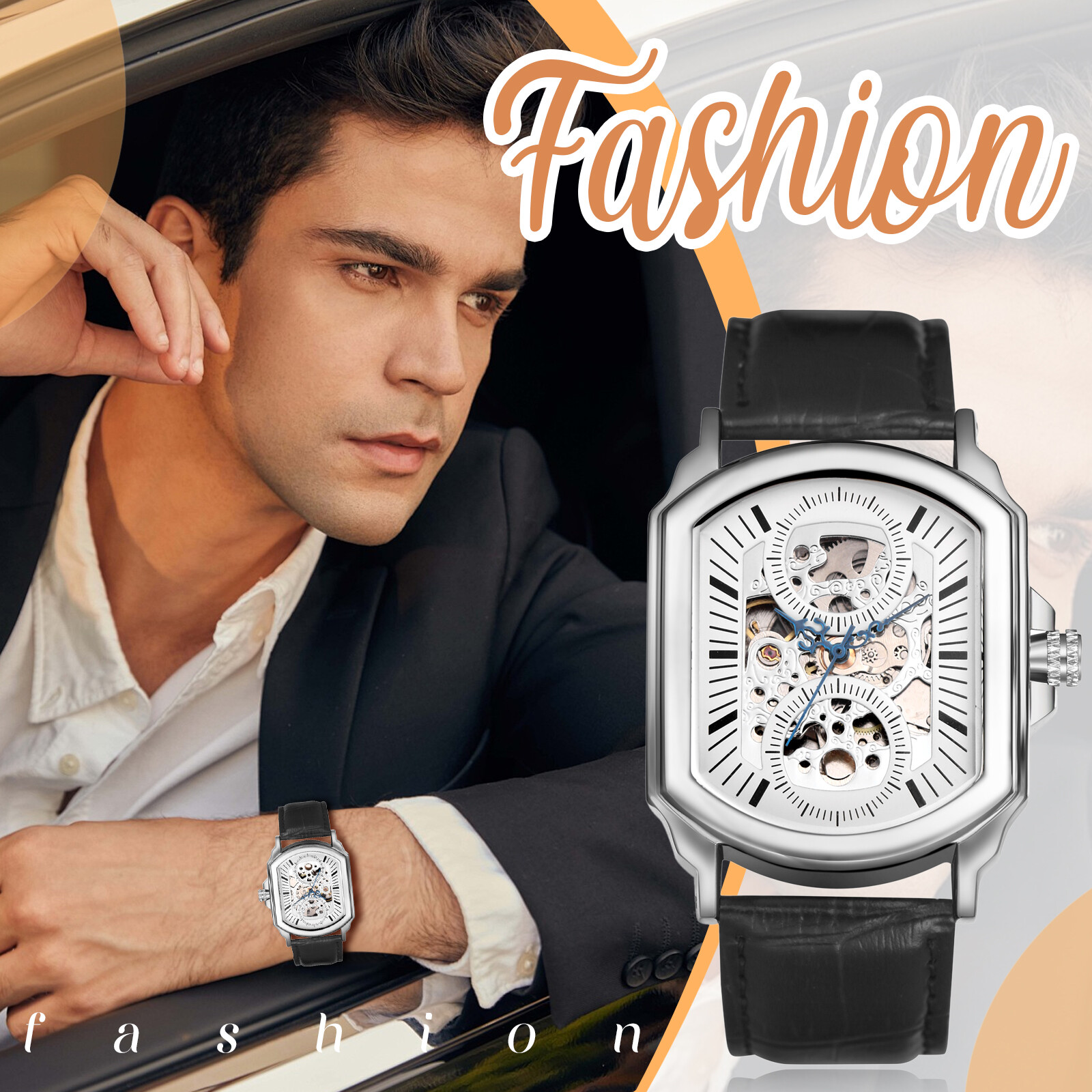 Business Men Square Hollow Automatic Mechanical Genuine Leather Band Wrist Watch