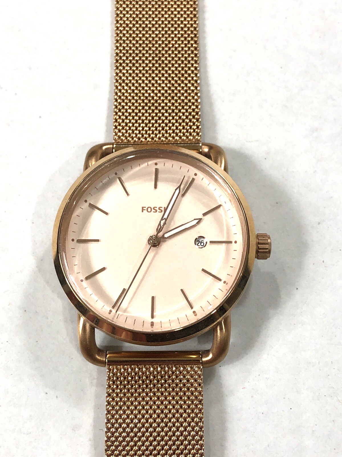 Fossil Women Watch The Commuter Date Rose Gold Tone Mesh Strap