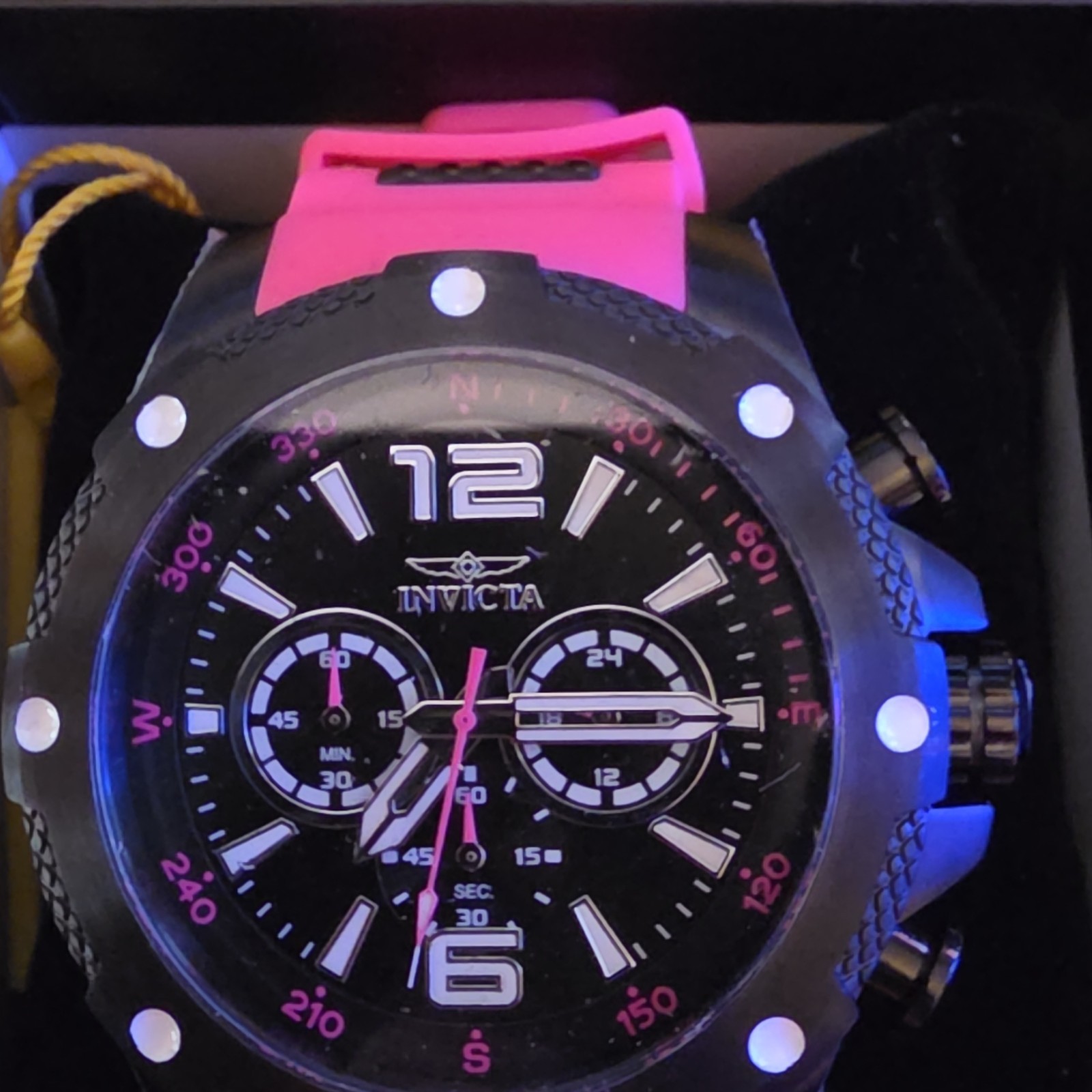 Invicta Chronograph Quartz Analog Watch Black Dial Pink Silicone Strap w/ Box