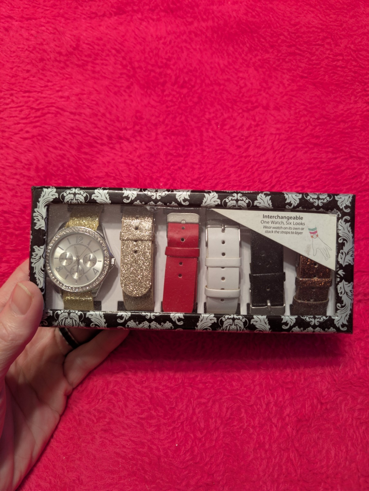 FMD Women’s Interchangeable Watch Gift Set 6 Faux Leather Bands Crystals NEW BOX