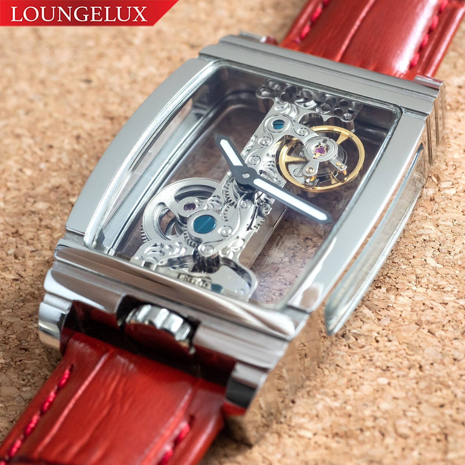 Mens Manual Mechanical Watch – Chrome Silver Bridge Red Leather Deployant Buckle