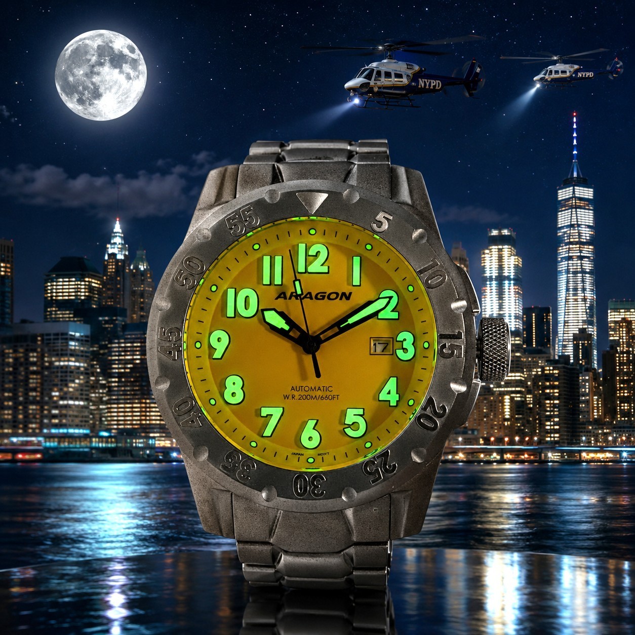 Aragon A534 Yellow Dial Armour Automatic 50mm Men’s Diver Watch Waterproof NEW