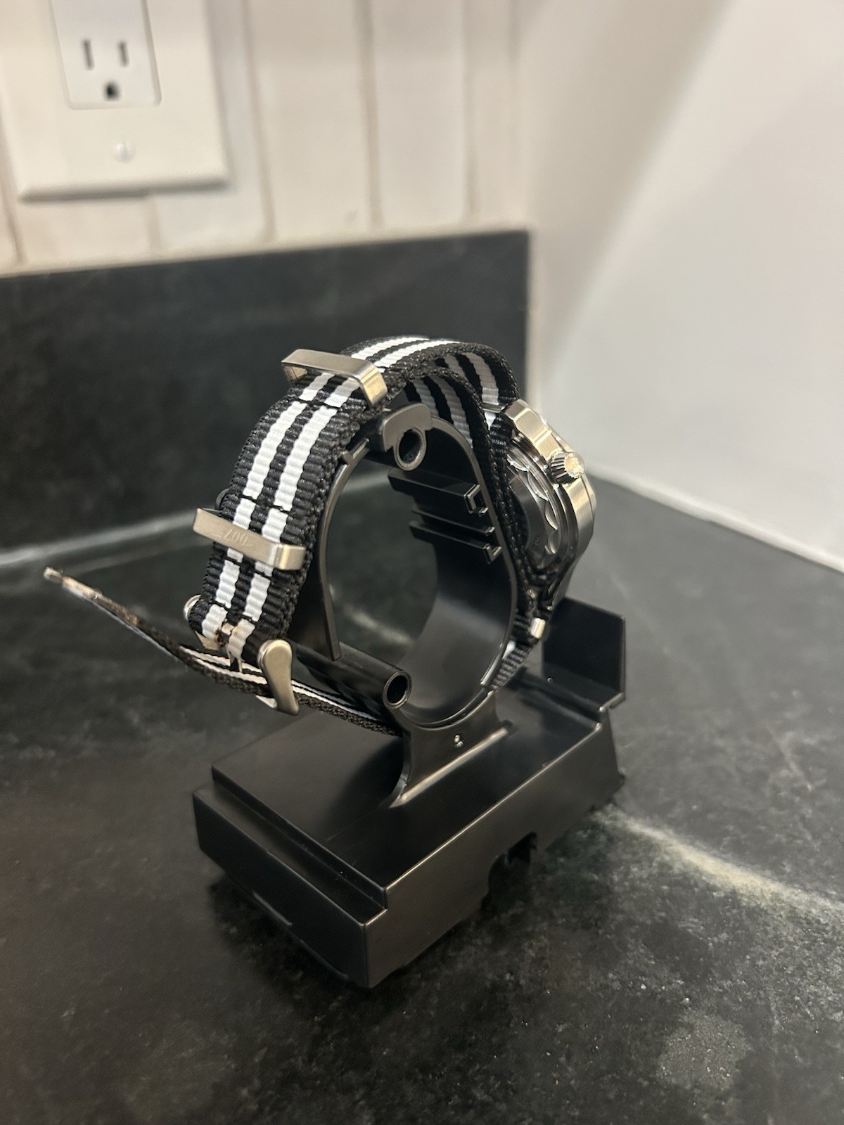 Diver Watch Build Black Dial Silver Case Luminous NATO Nylon Strap Black/White