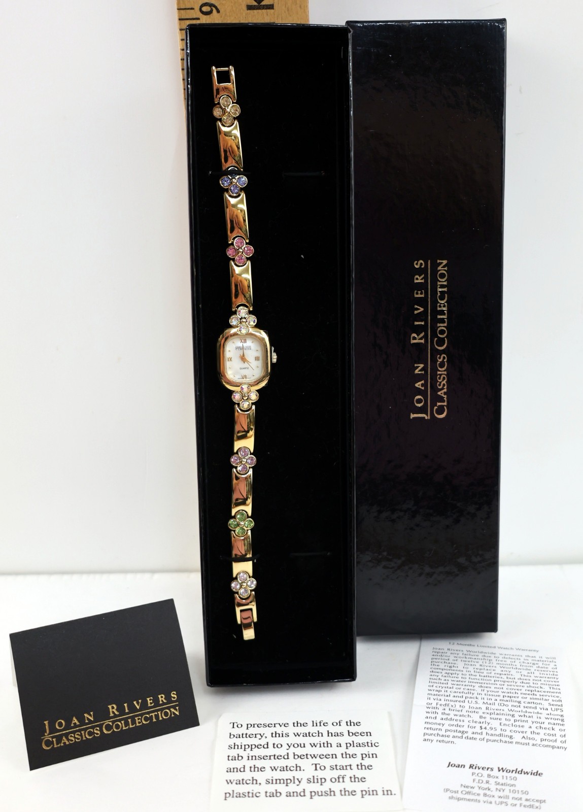 Joan Rivers Gold Tone Rhinestone Pink Green Blue Classics Watch Bracelet NIB