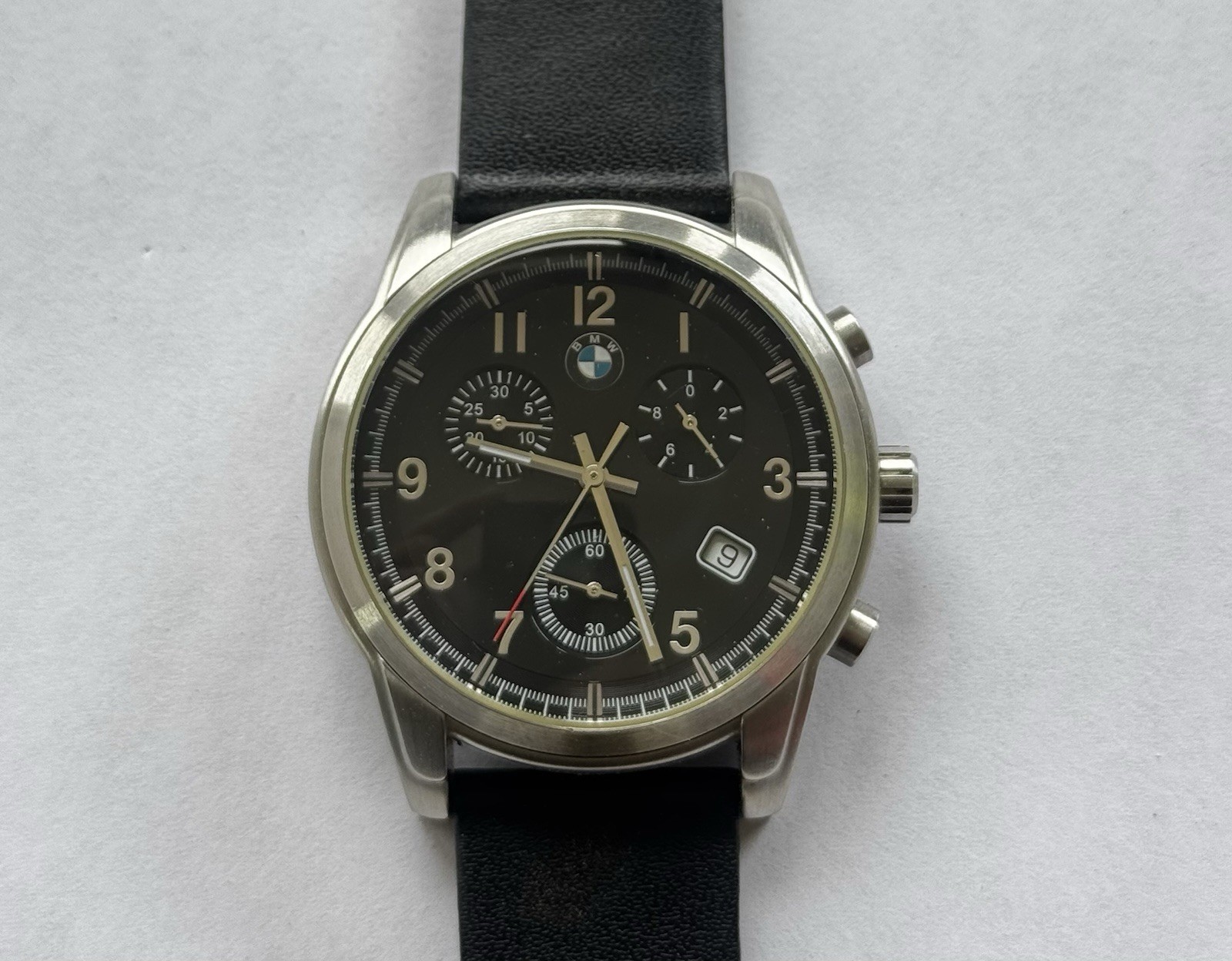 BMW Men’s Chronograph Swiss Movement Wristwatch Black Leather Strap 10 ATM