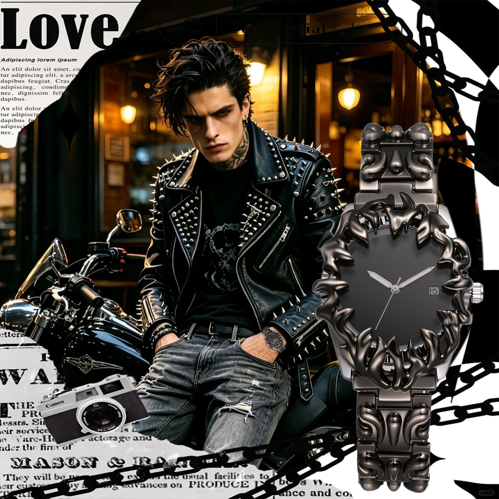 Men Punk Y2K Embossed Flame Adjustale Strap Date Luminous Wrist Watch for Party