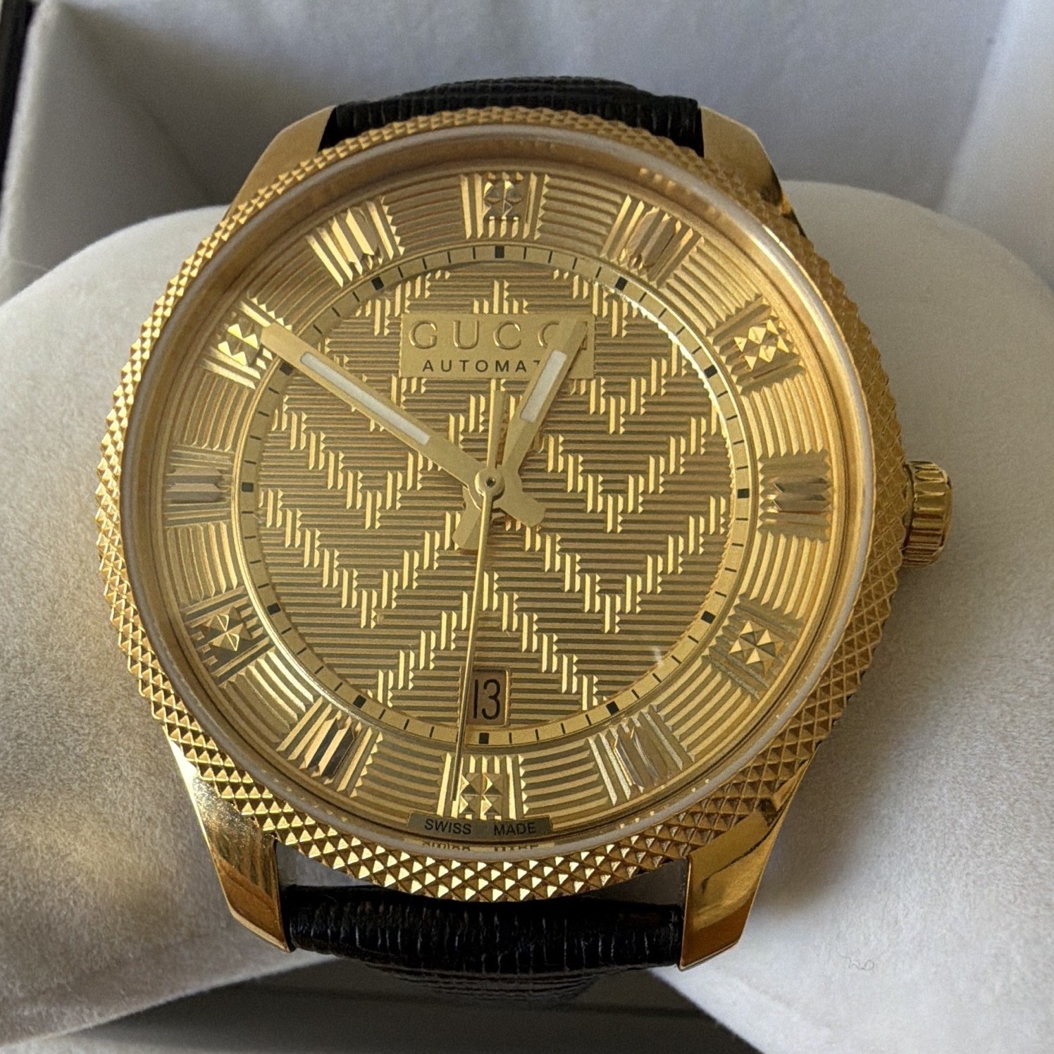 Gucci YA126340 Automatic 40mm Gold Dial/Case Black Leather Date 50m $2,000
