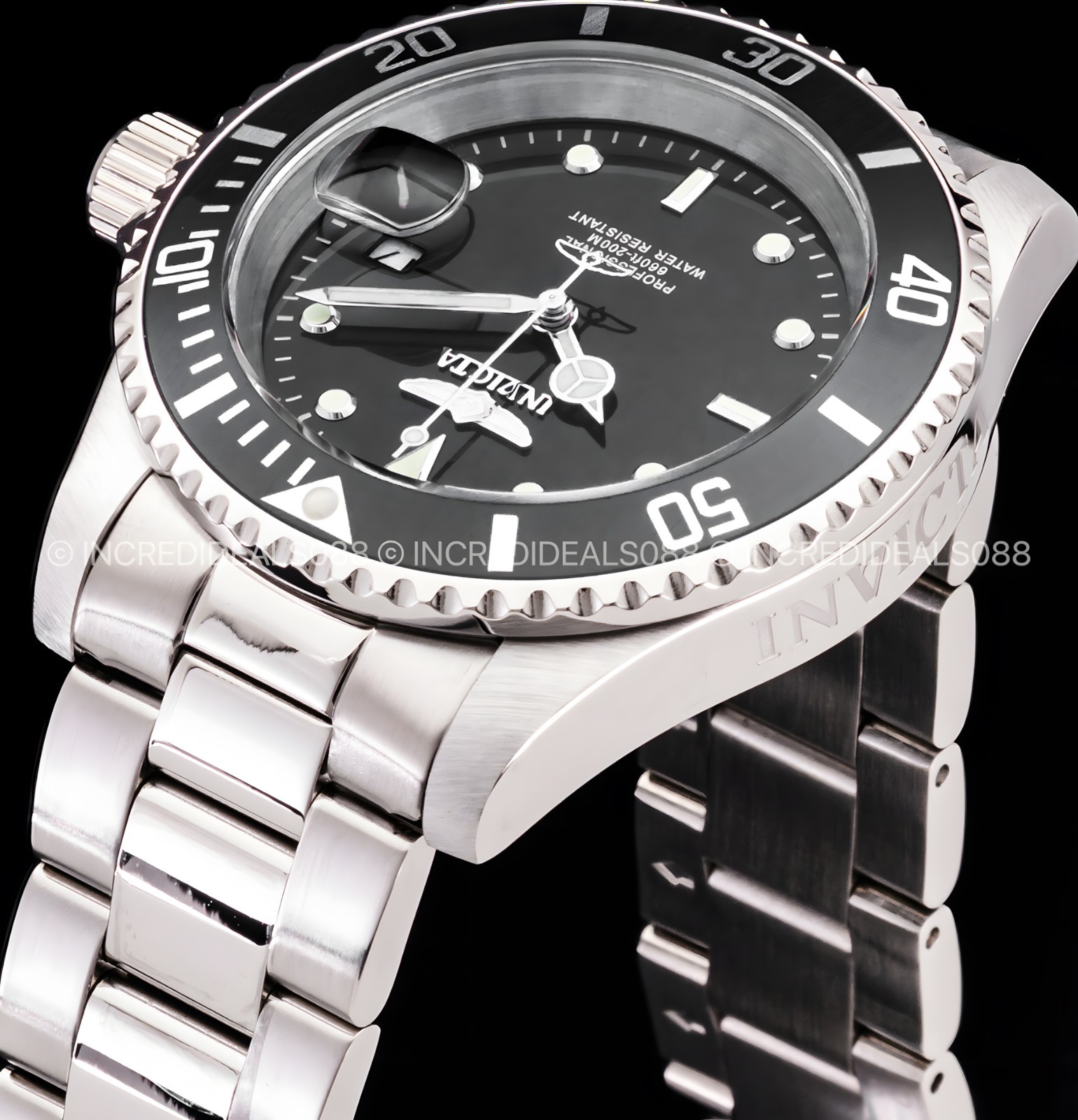 Invicta PRO DIVER Black Dial Silver SS Bracelet Fashion Mens Watch 40mm