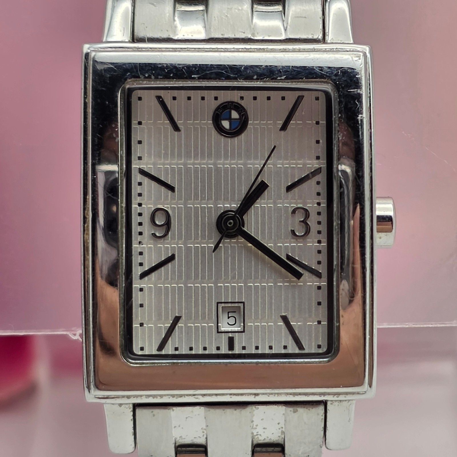 BMW Logo Rectangular Stainless Steel Bracelet Watch 5.5 In Wrist Silver Quartz
