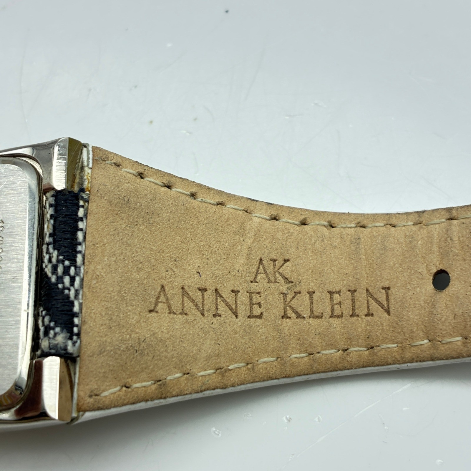 Anne Klein Women Silver Tone Rectangular Watch Monogram Fabric Leather 10/8601