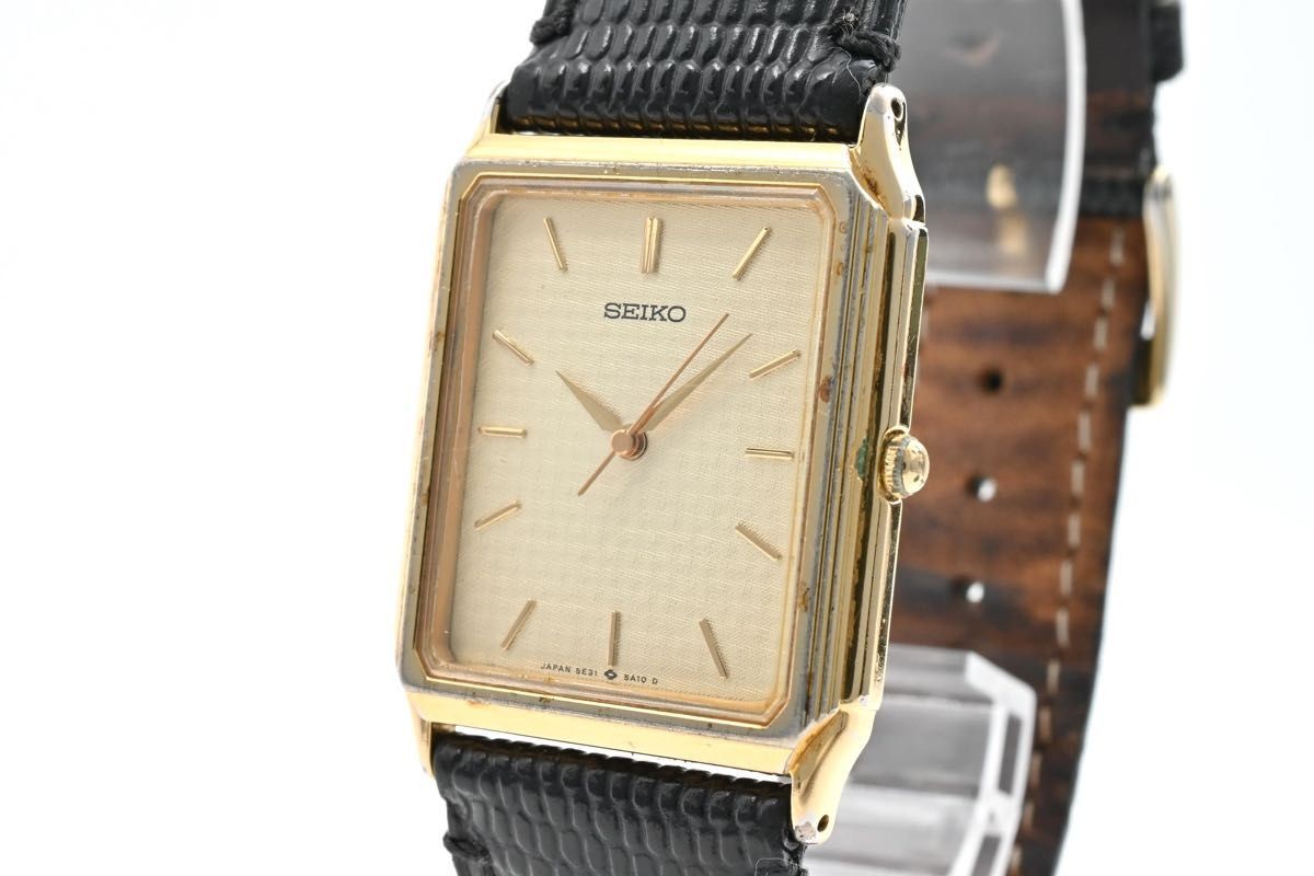SEIKO 5E31-5A10 Quartz Watch Gold Rectangle Case Black Leather Band Vintage Anal