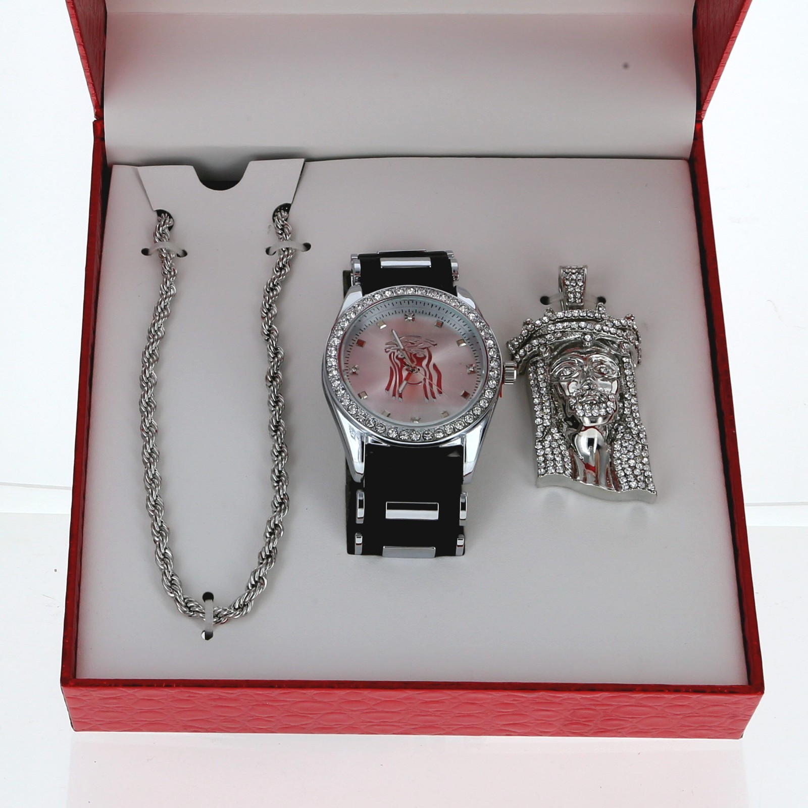 Men’s Silver Finish Jesus Iced Pave Fashion Hip Hop Watch Necklace Set