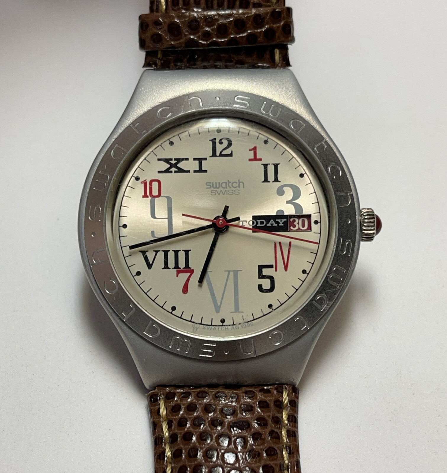 Authentic Vintage SWATCH SWISS IRONY WATCH Aluminum w Date & Leather Band
