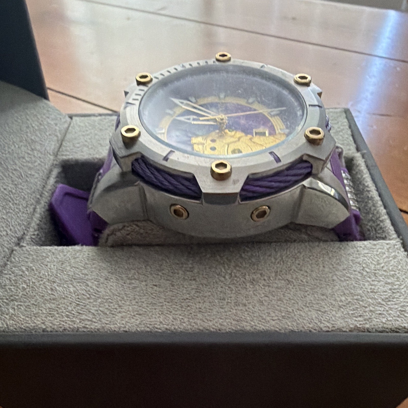 Invicta Marvel Thanos Men’s Quartz Watch Purple/Gold Dial Purple Strap Date Box