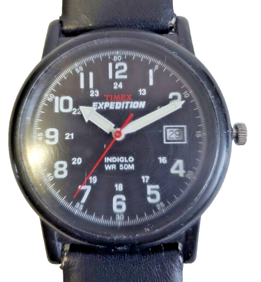 TIMEX Expedition 24 hours Indiglo black military dial qtz watch w/ date @3. Runs
