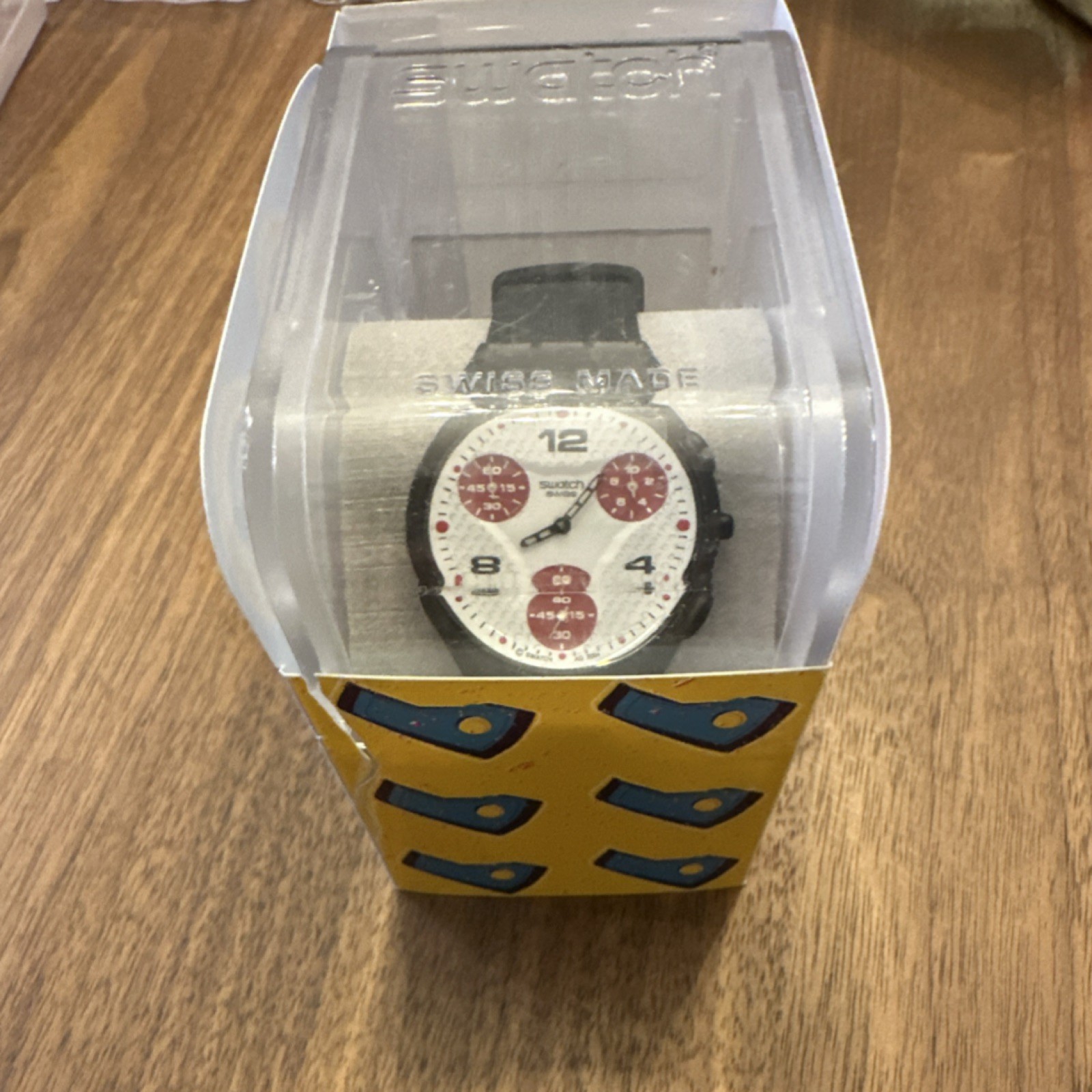 Swatch Dotty Dots Chronograph Quartz Analog Black Rubber Strap White Red