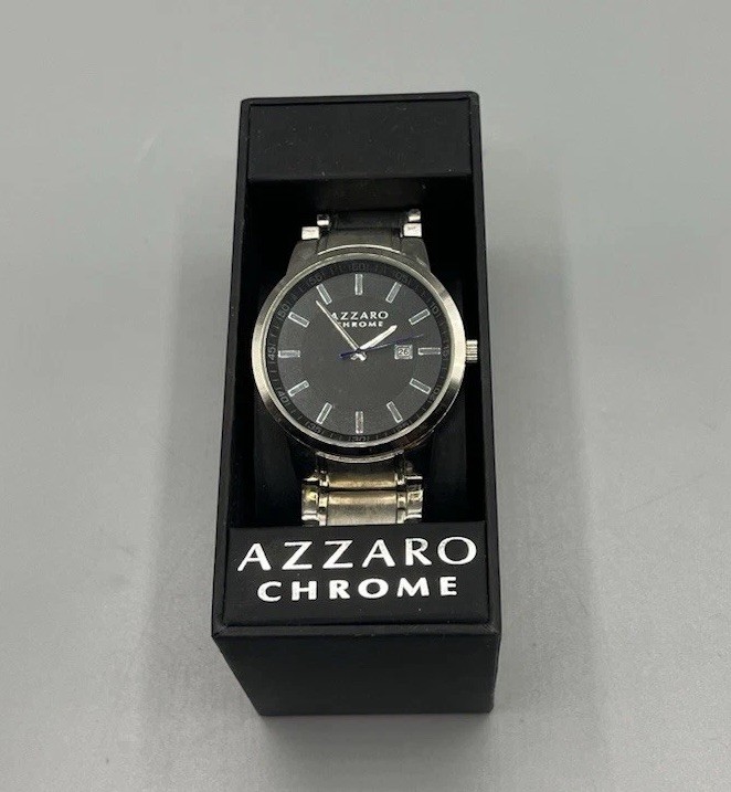 Mens Azzaro Chrome Black Dial Round Silver Tone 45 mm Stainless Steel Band Watch