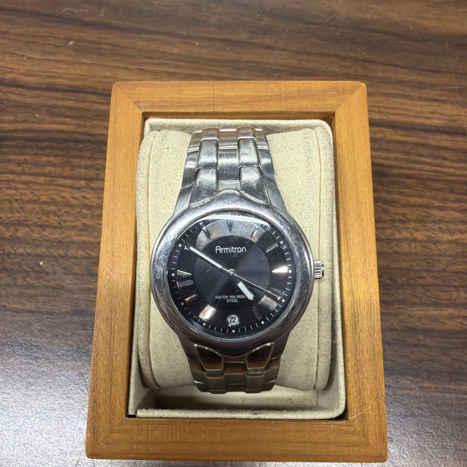 Men’s Armitron Date Display Watch Silver Tone Needs Battery Black Dial Excellent