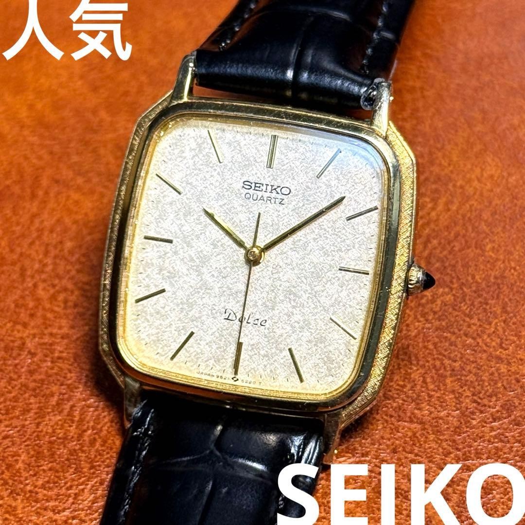 SEIKO Dolce 9521-5220 Quartz Mens Watch Gold Rectangular 1984 New Battery Japan