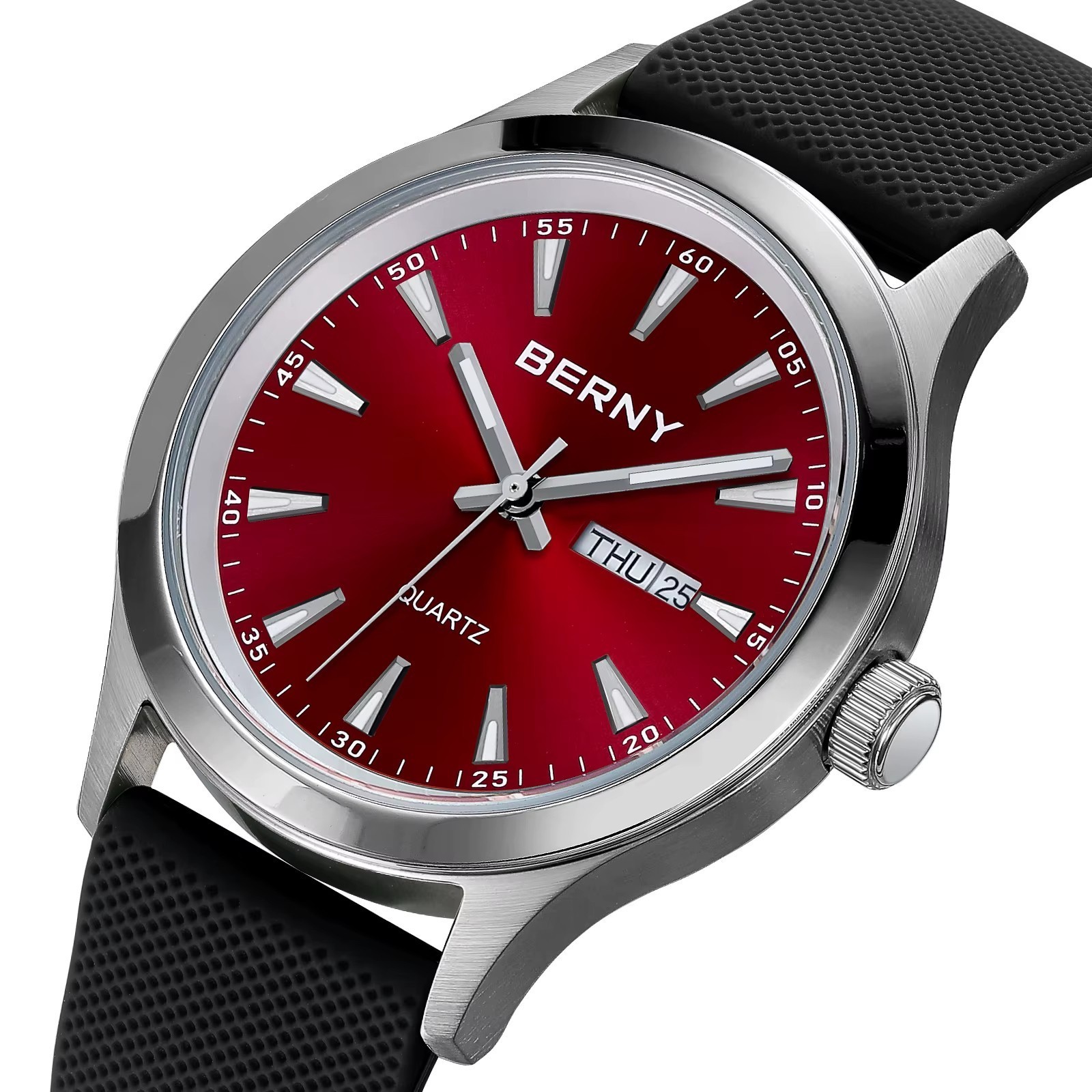 44MM BERNY Quartz Men’s Luxury Watch Diver 30M Waterproof Luminous Stainless NEW
