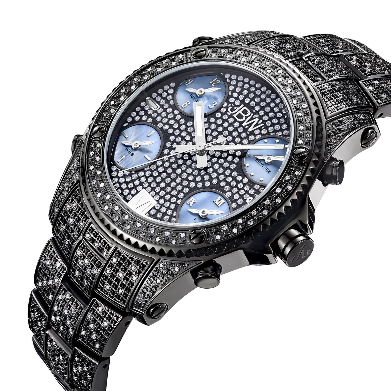 🏷JBW Jet Setter 234 Diamond & Crystal 50mm Watch Black Multiple Time-Zone