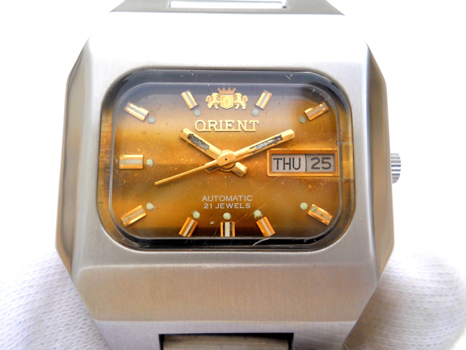 Vintage Orient 3 Star Automatic Watch Amber Gold Sunburst Dial TV Case 21J Rare