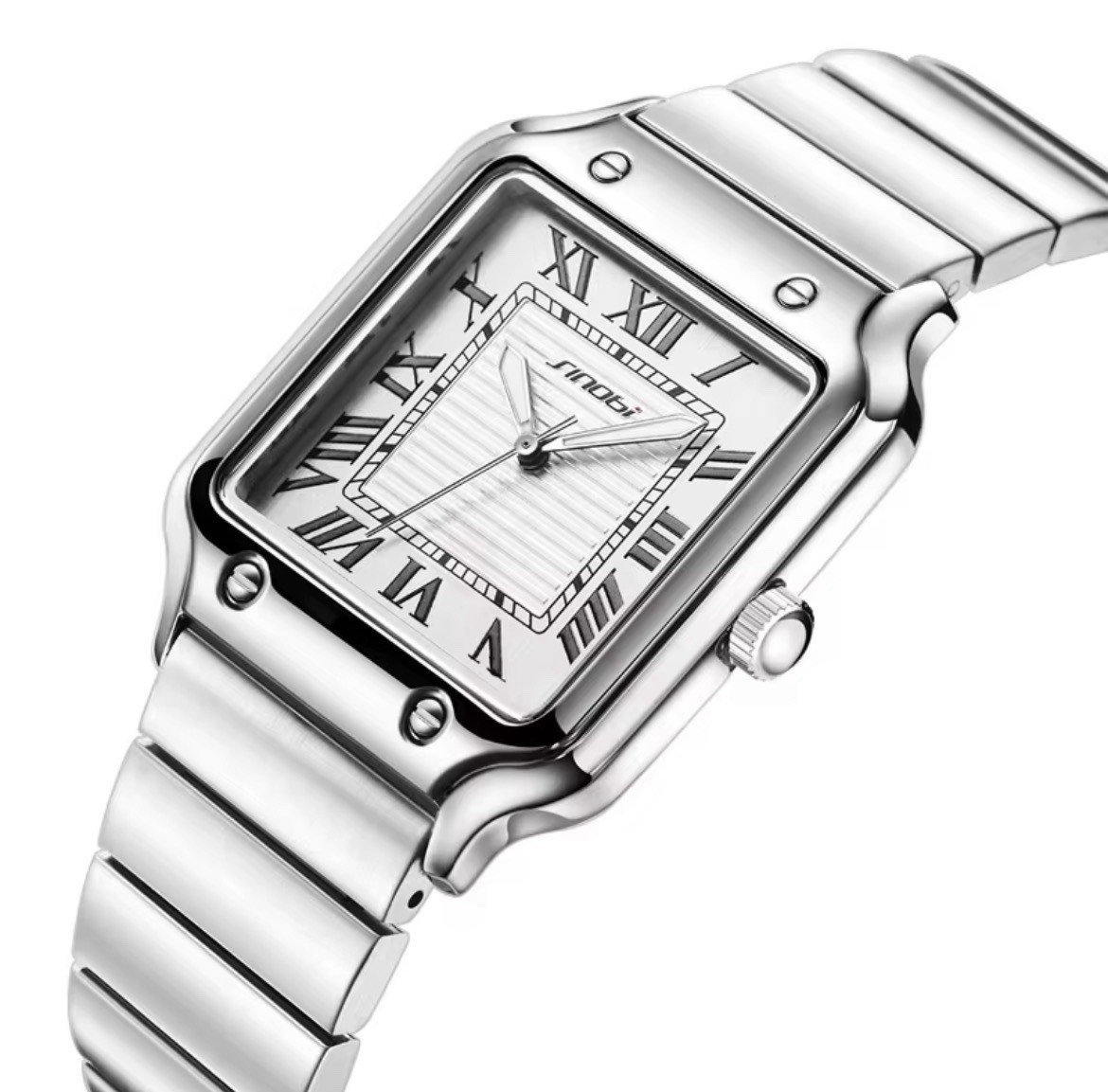 SINOBI Quartz Analogue Square Wristwatch White Roman Dial Silver SS Bracelet