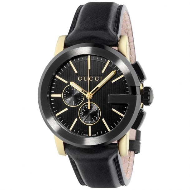 Brand New! Gucci G-Chrono Men’s Black and Gold Leather Watch YA101203