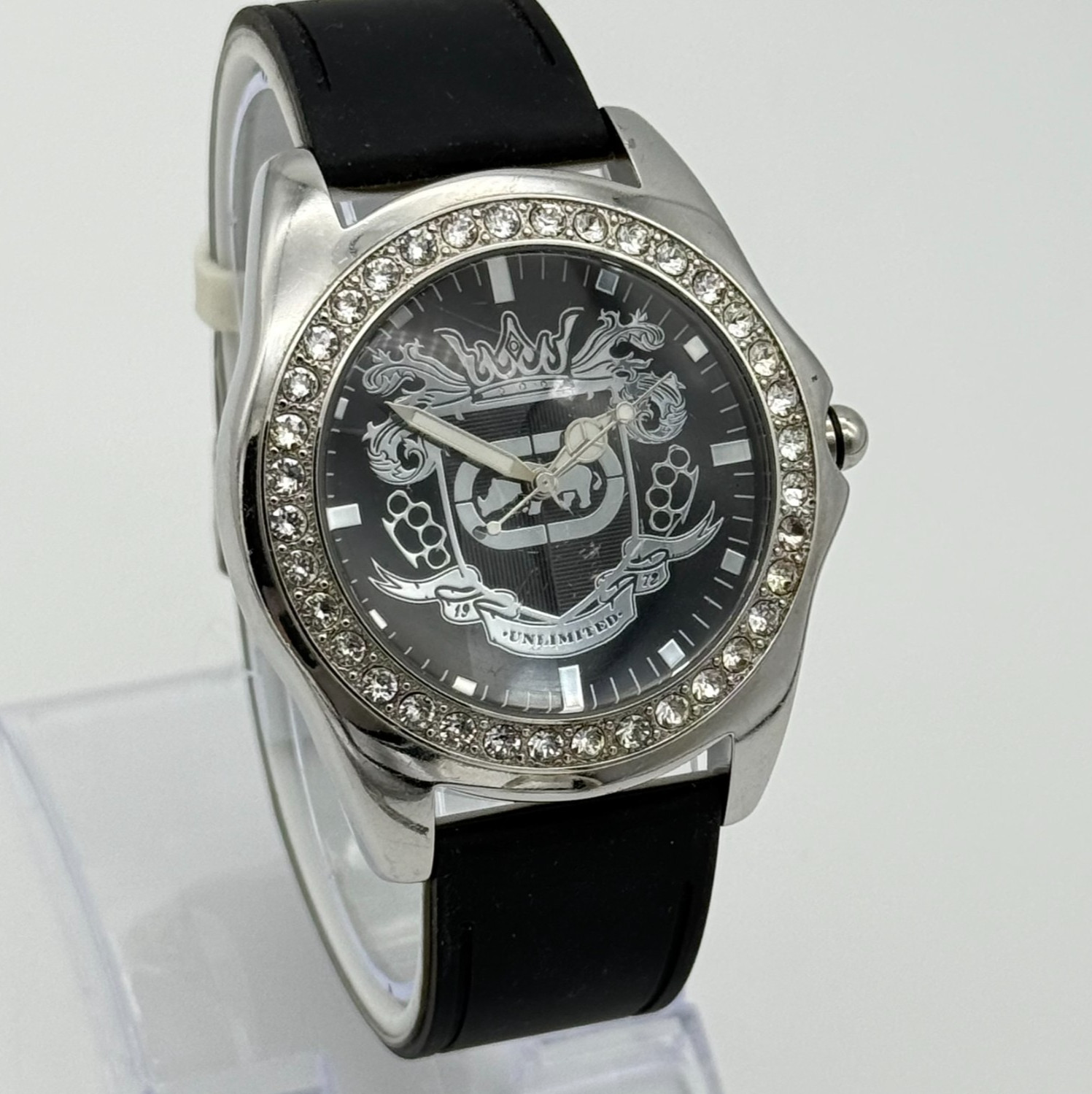 Men’s MARK ECKO Silver Tone Crystal Accent All Steel Watch, Black Silicone, 45mm
