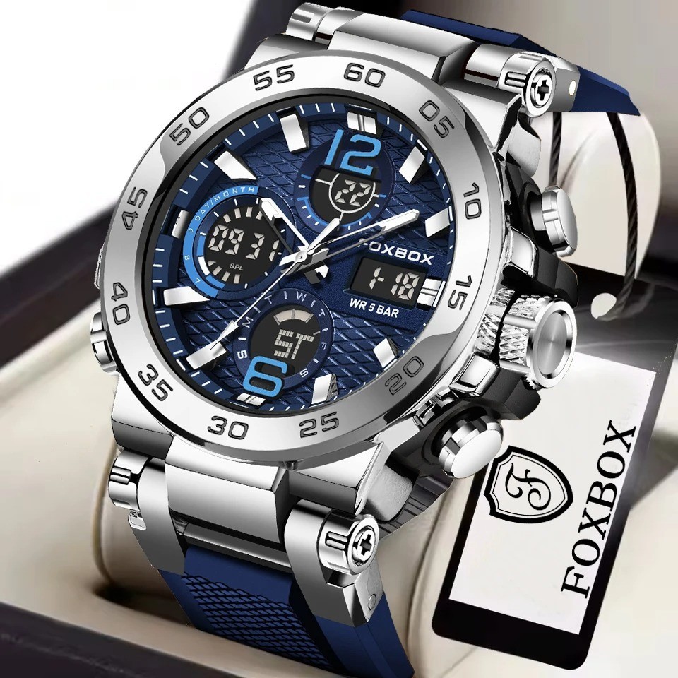 LIGE FOXBOX Men Watch Quartz LED Digital Analog Luminous Waterproof Wristwatch
