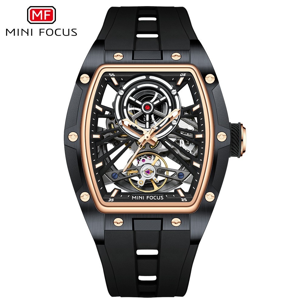 MINI FOCUS Men’s Tonneau Skeleton Flywheel Silicone Automatic Mechanical Watch